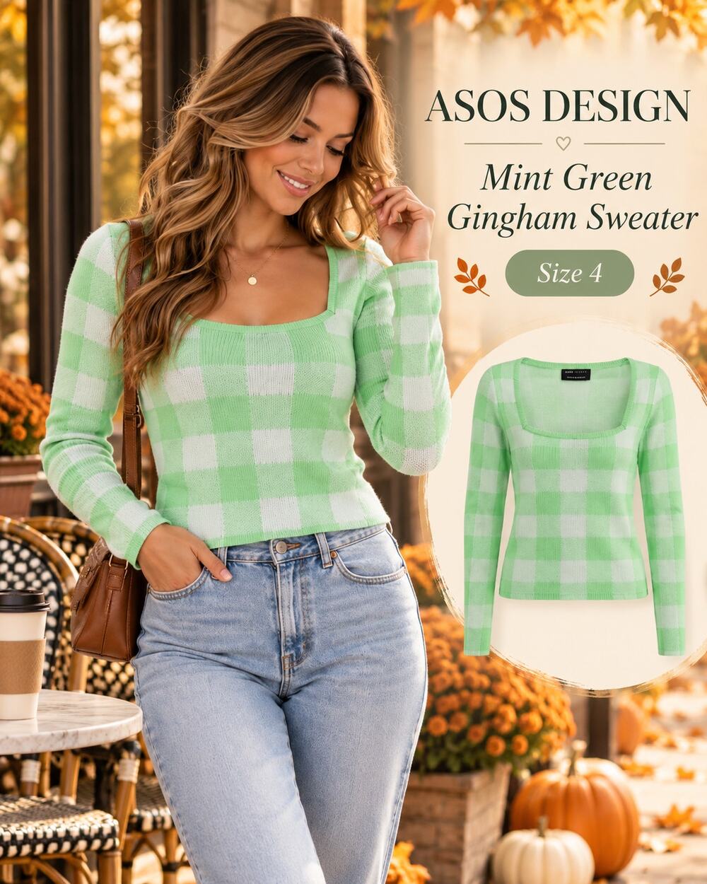 ASOS Design Women’s Size 4 Mint Green Gingham Square Neck Knit Sweater